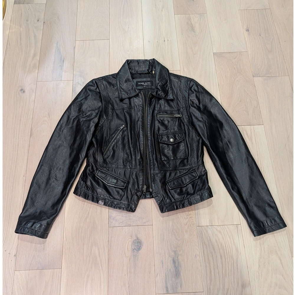 Black Rivet Genuine Leather Cropped Utility Large Jacket Y2K Moto | 100% Leather - Picture 16 of 16